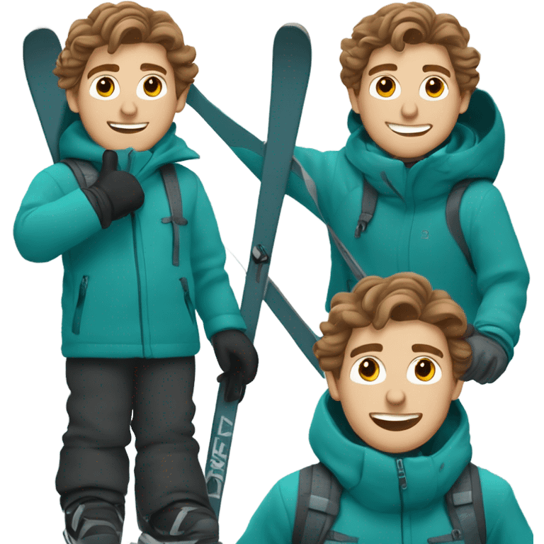 white Boy with wavy brown hair skiing on teal skis. He is wearing an all gray coat and black snow pants  emoji