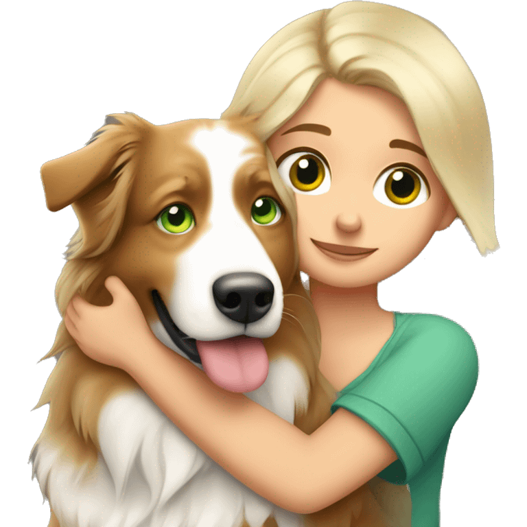 Blonde girl with green eyes hugs australian shepherd red tri emoji