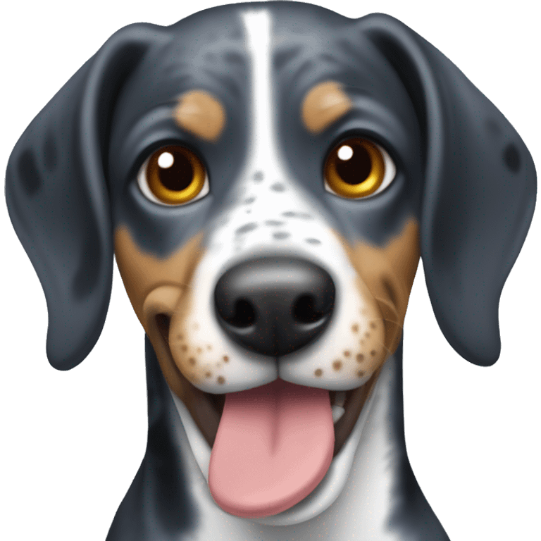 Miniature bluetick hound with lip stuck on teeth emoji