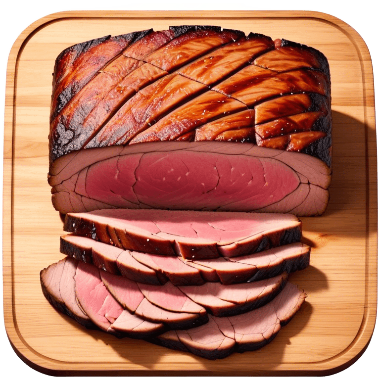 Cinematic smoked brisket, deep mahogany crust, perfectly sliced to reveal juicy marbled meat, warm smoky aroma, served on a wooden board, rich and flavorful, ultra-detailed and appetizing. emoji