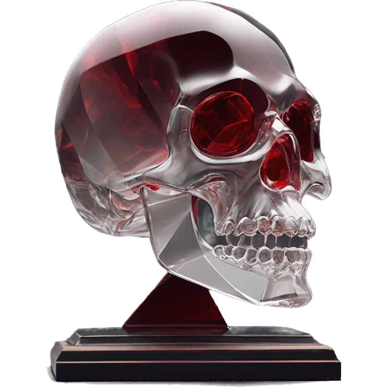 glass sculpture skull with a geometric, faceted design. The skull is standing upright on a base with angular and baroque features. The vibrant dark shade and red highlights the sharp edges and planes emoji