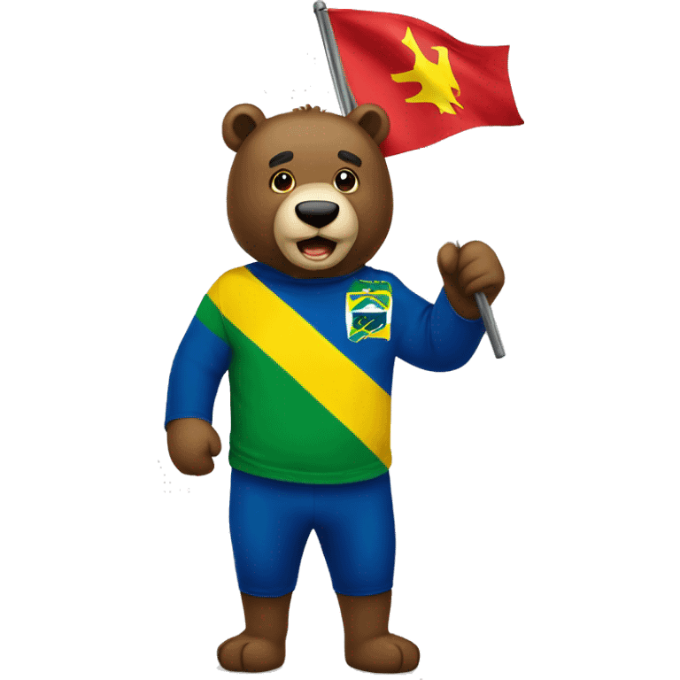 urso bravo segurando uma  bandeira vermelha e com uma bandeira do brasil emoji