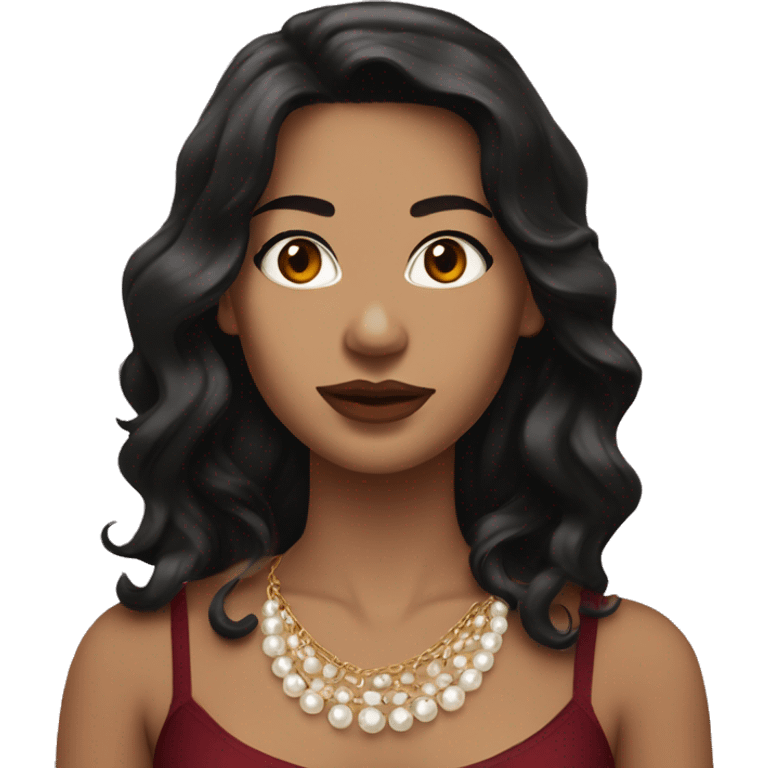 Woman with white skin, long black wavy hair, brown eyes, gold necklace, pearl earrings, red maroon tube top emoji