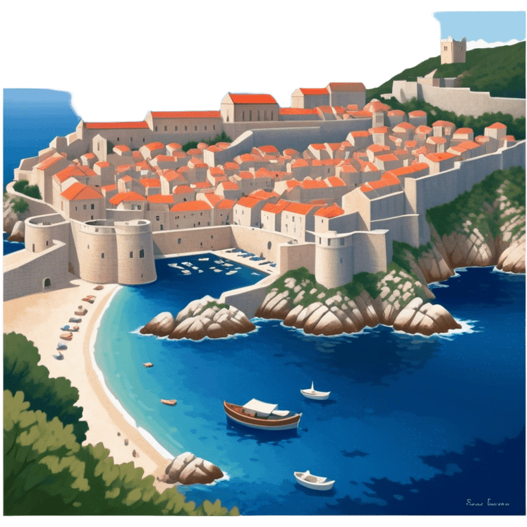 Dubrovnik – Cinematic Realistic Dubrovnik, depicted as a stunning coastal city with red-tiled roofs and ancient stone walls, set against the deep blue Adriatic Sea under warm Mediterranean light, rendered with rich textures that capture its enchanting beauty. emoji