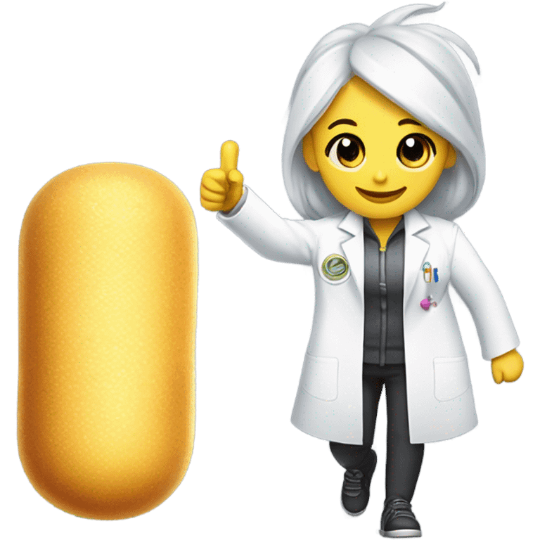 DNA strand  with sunshine face ￼￼ wearing a lab coat given a thumbs up while riding a pogo stick with a miniature unicorn on her shoulder wearing a lab coat that is gold eating a Twinkie emoji