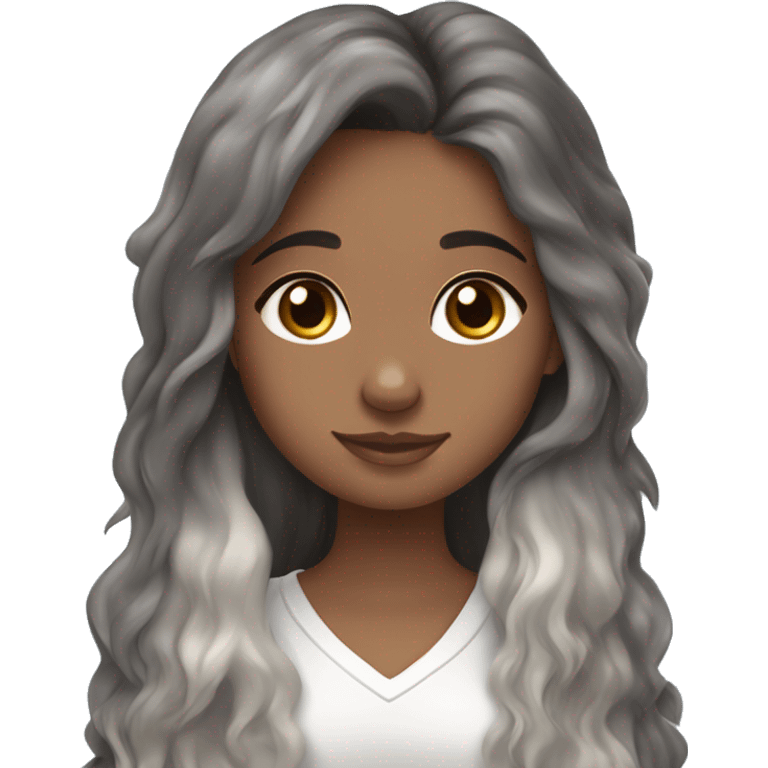 Girl with long brown hair holding blue merle Australian shepherd emoji