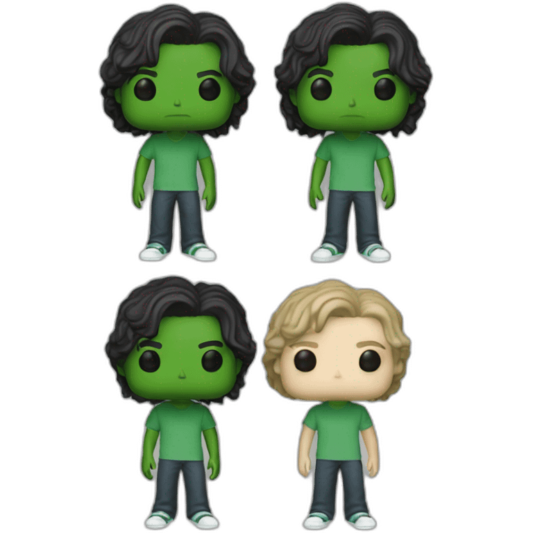 Young 18 years old boy, white skin , black hair, green eyes, long surfer hair, as a funko pop full fbody emoji