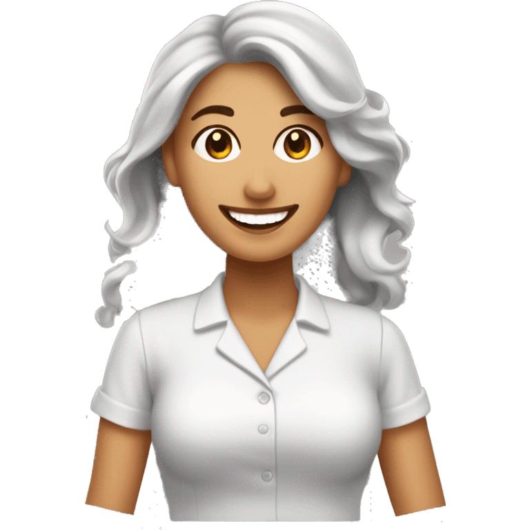 mujer trabajadora sonriente con piel morena clara ojos cafe y cabello ondulado cafe emoji