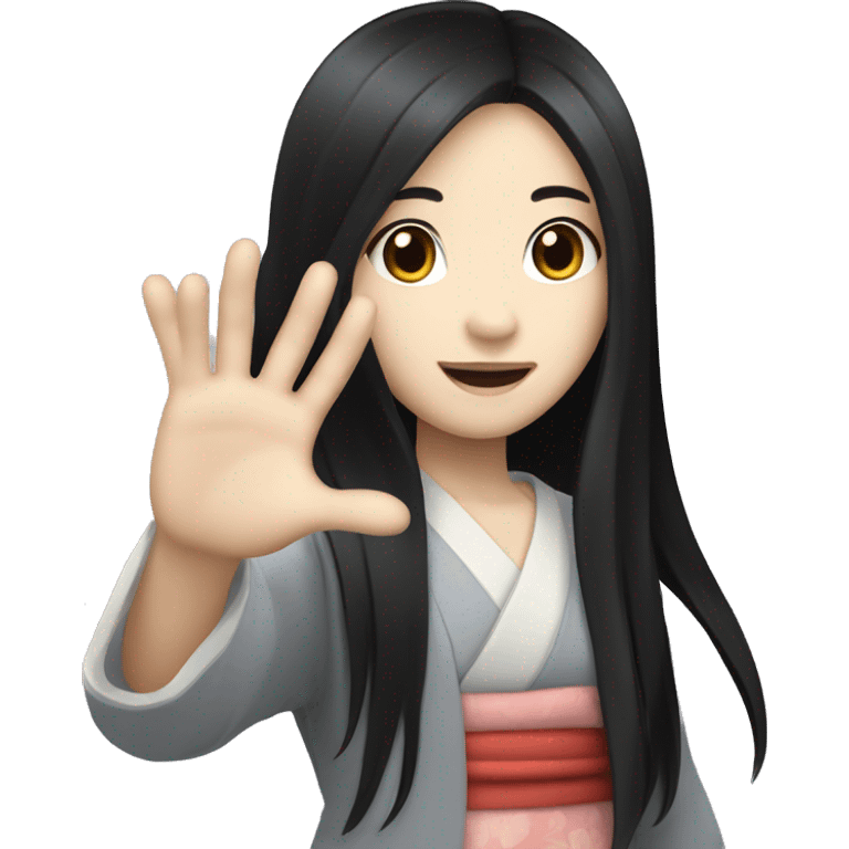 Japanese girl with long black hair and pale skin waving her hand saying hello emoji