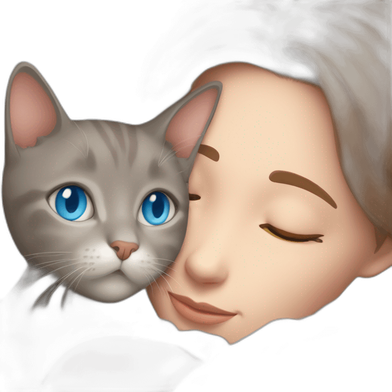 light gray, blue eyed cat cuddles brown highlighted colored girl emoji