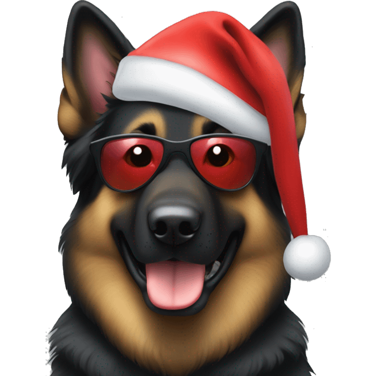 Black long haired German shepherd wearing sunglasses and a Santa Claus hat  emoji