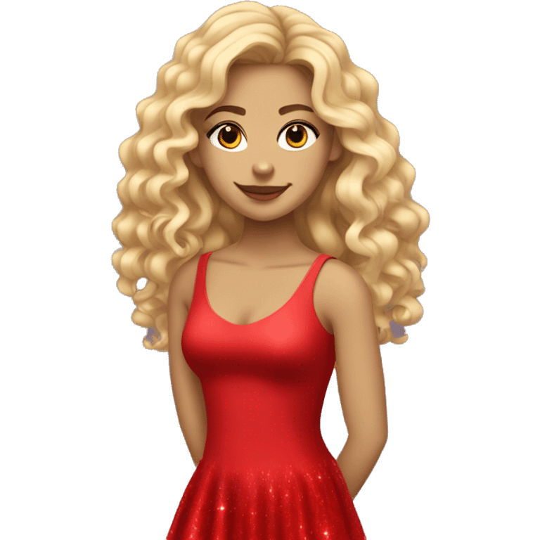 a teen that has very long curly blond with  a club dress that is red sparkle with red heels emoji