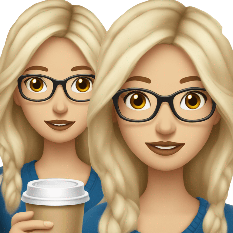 Blonde balayage long hair white women beige sweater blue eyes and small glasses holding coffee emoji