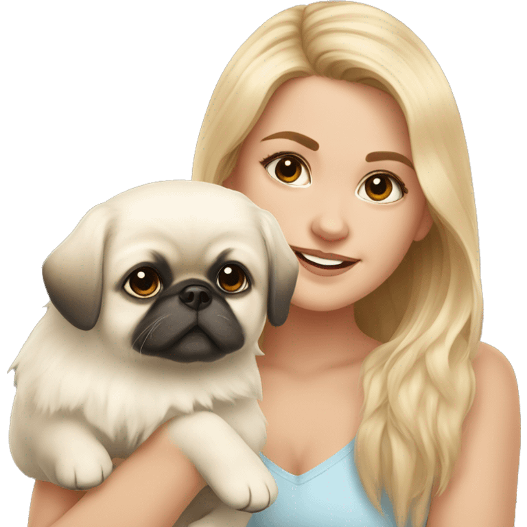 White girl with Pekingese  puppy  emoji