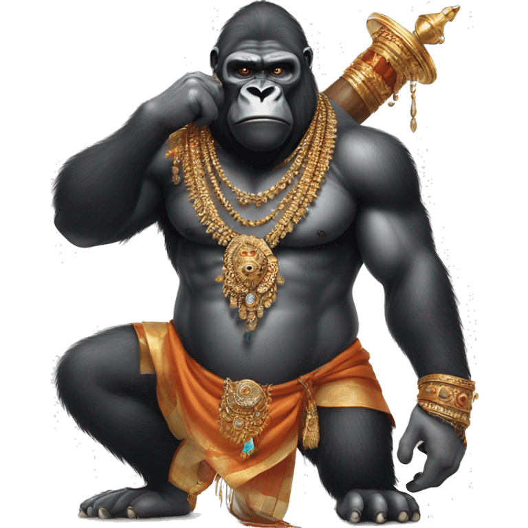 male gorilla with indian male jewellery and  indian traditional wear, holding a  huge weapon, humanoid, holding another  huge weapon  emoji