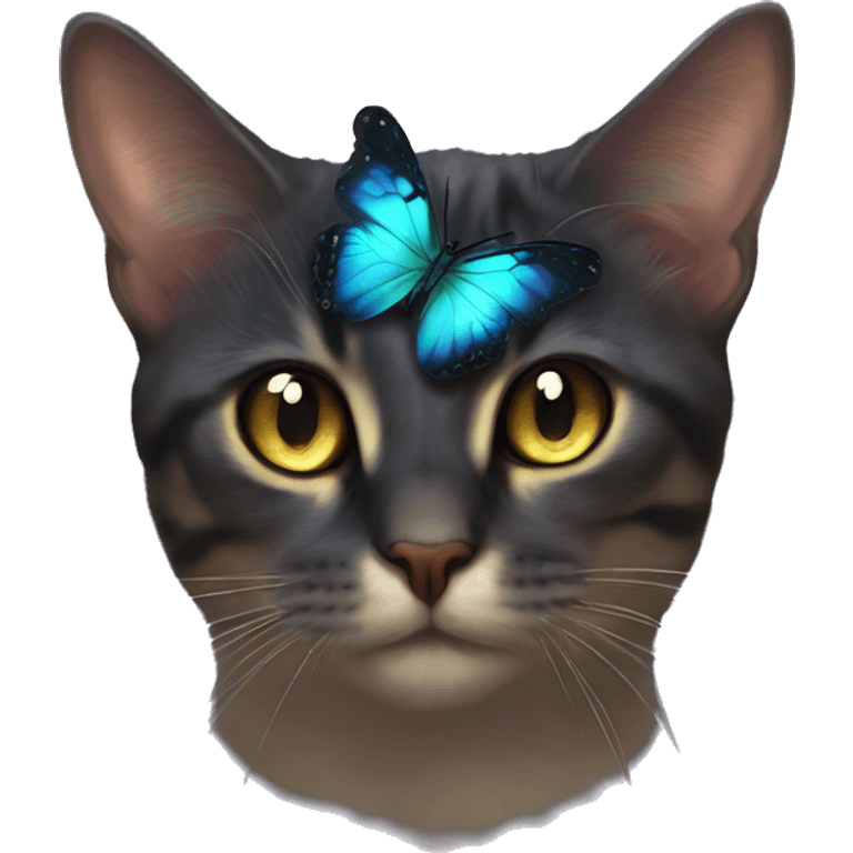 Dark iridescent butterfly glowing on top of cats head  emoji