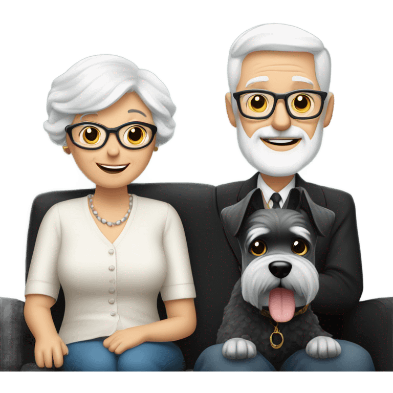 A grandma and grandpa sitting on a black couch with there one schnauzer that is black and white colored emoji