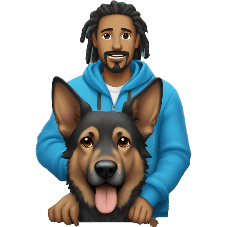 man with dreadlocks, mustache and goatee dressed in a blue hoodie alongside a brindle colored german shepherd dog emoji