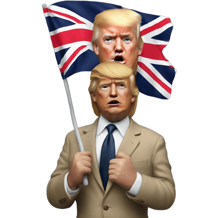 Hyper realistic Donald Trump holding a british flag with emoji