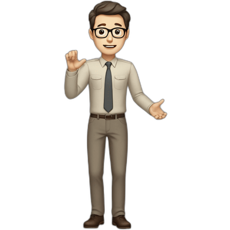 Full height Actively gesturing with hands Pale skinned fit man with dark brown hair in gray jacket, beige office shirt, brown tie, brown pants and vintage glasses. emoji