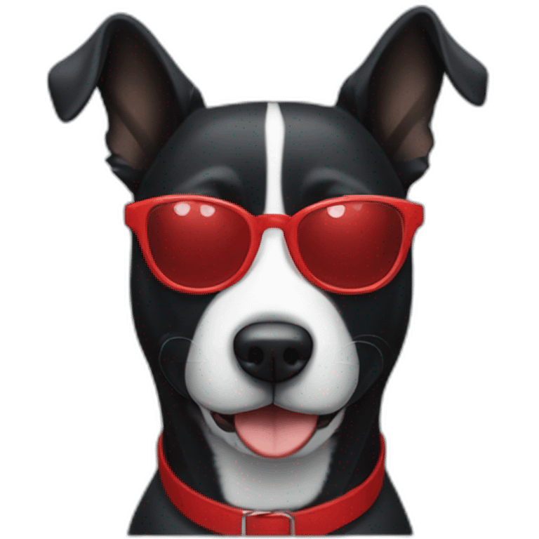 A black dog with a white snout, a white stripe down the middle, and red glasses emoji