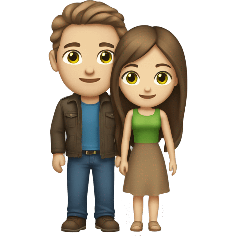 A young couple in love. Both are light skin. Both have brown hair. The woman has long hair and green eyes. The man has short brown hair und blue eyes. emoji