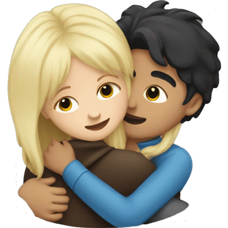 Dark hair boy hugging blonde girl emoji