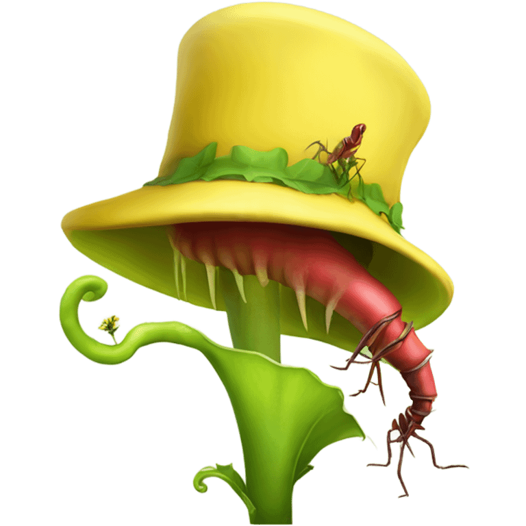 A carnivor plant eating an insect with a yellow hat emoji