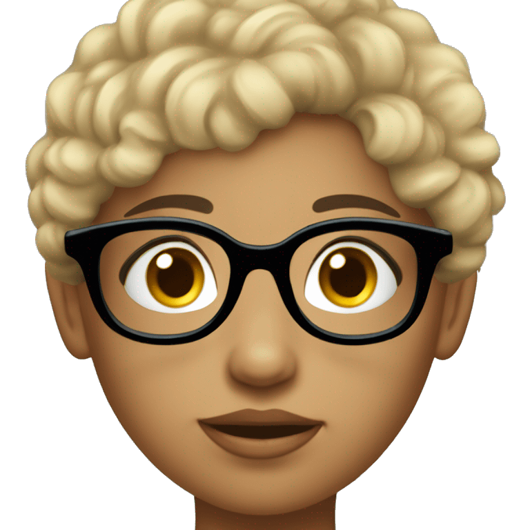 A young girl wearing blue shirt,curly black short hair,wearing black rimmed glasses emoji