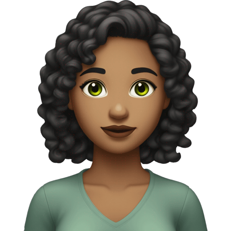 long curly black hair, full body head to toe, eyes with a hint of green, eyes positive  canthal tilt ,medium thick eyebrows , and thin lips, round face shape, soft jawline, full body, teen, sensual, american, woman, well defined feminine body emoji