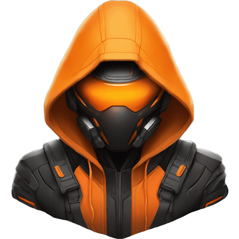 Side view developer behind his laptop with this style : crysis Cyberpunk Valorant orange glowing bright orange character orange black hooded assassin themed character emoji