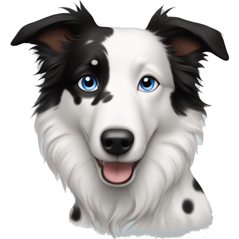 A white with black spots merel border collie with one blue eye and one brown eye ears sticking up  emoji