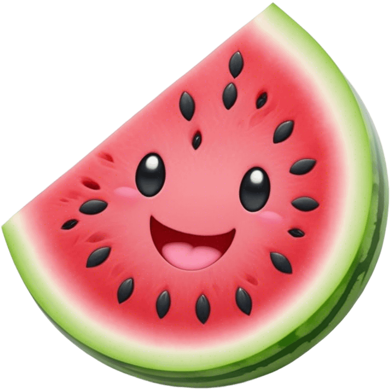 Cute Kawaii Watermelon Slice, juicy and vibrant, soft pastel green rind with pink flesh, tiny black seeds shaped like hearts, an adorable happy face with cute round eyes, bursting with summer energy! emoji