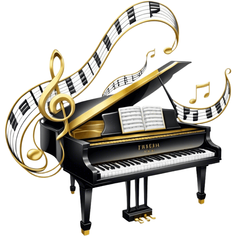 Create an elegant and festive emoji collage representing keyboard instruments, styled like a heraldic emblem. The design should feature a central focal point of black and white piano keys, arranged in a semi-circular or shield-like shape. Around the piano keys, add intertwining musical notes that form flowing ribbons, creating a dynamic and celebratory atmosphere. The design should be professional, with polished silver and gold accents on the keys and notes, highlighting the luxury and sophistication of the instruments. Add subtle shading and lighting effects to give the design a refined, 3D appearance. The background should remain transparent, and the overall feel should evoke grandeur, artistry, and a sense of celebration. emoji