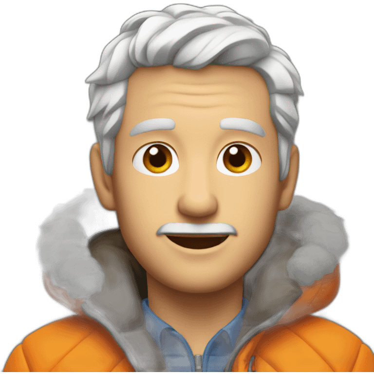 young gray-haired white man with an orange down jacket emoji