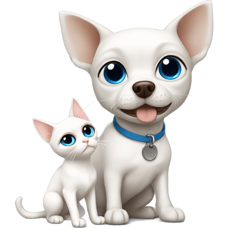 white cat blue eyes standing next to tan chihuahua with dark eyes  emoji