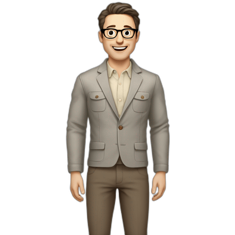 Joyful Full height Pale skinned Fit Man With dark brown hair in gray jacket, beige office shirt, Brown pants and vintage glasses. His thrumbs up emoji