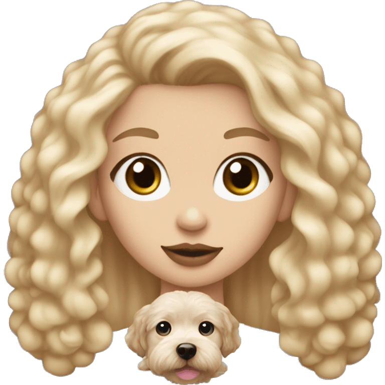 Blonde girl with long straight hair with blue eyes with pink lips holding a brown maltipoo emoji