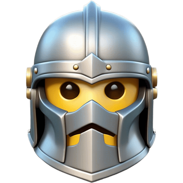 Clash of Clans aesthetic: Cinematic Playful Steel Helm Emoji, rendered in a 3D vector-style similar to standard emojis with minimal shading and bold, simplified shapes. A compact, isometric helmet crafted of shining steel with intricate engravings and a protective visor, softly glowing with a noble warrior charm. Simplified yet unmistakably iconic, highly detailed and consistent, glowing with a soft radiant gleam and high polish. Stylized with a touch of chivalric tradition and a soft glowing outline, capturing the essence of a stalwart battle helm with a friendly, playful manner! emoji