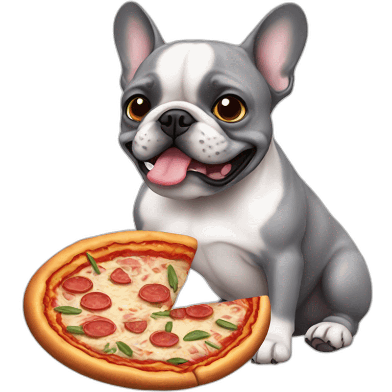 gray french bulldog eating pizza emoji