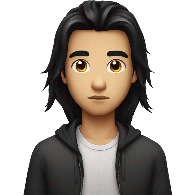 Long black hair teenager boy serious face emoji