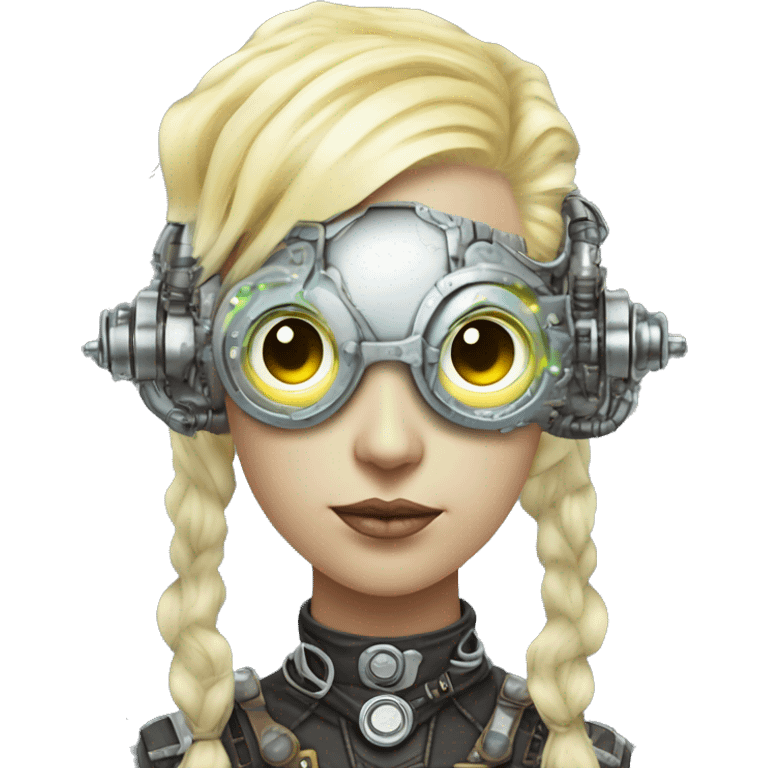 Pastel light yellow hair female cyborg head with silver steampunk goggles, goatee and circuits emoji