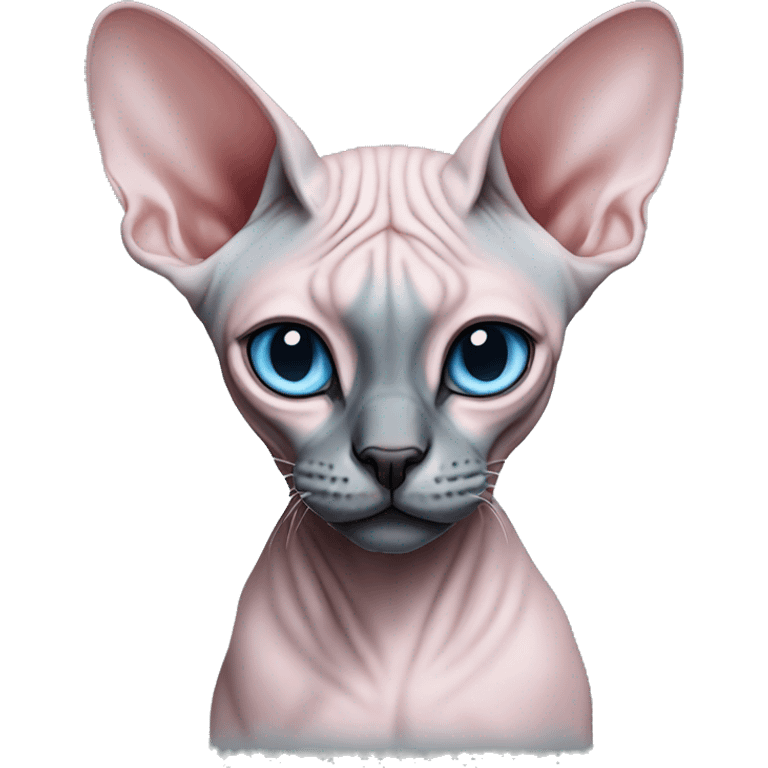 Pink and grey sphynx cat with blue eyes and black nose emoji