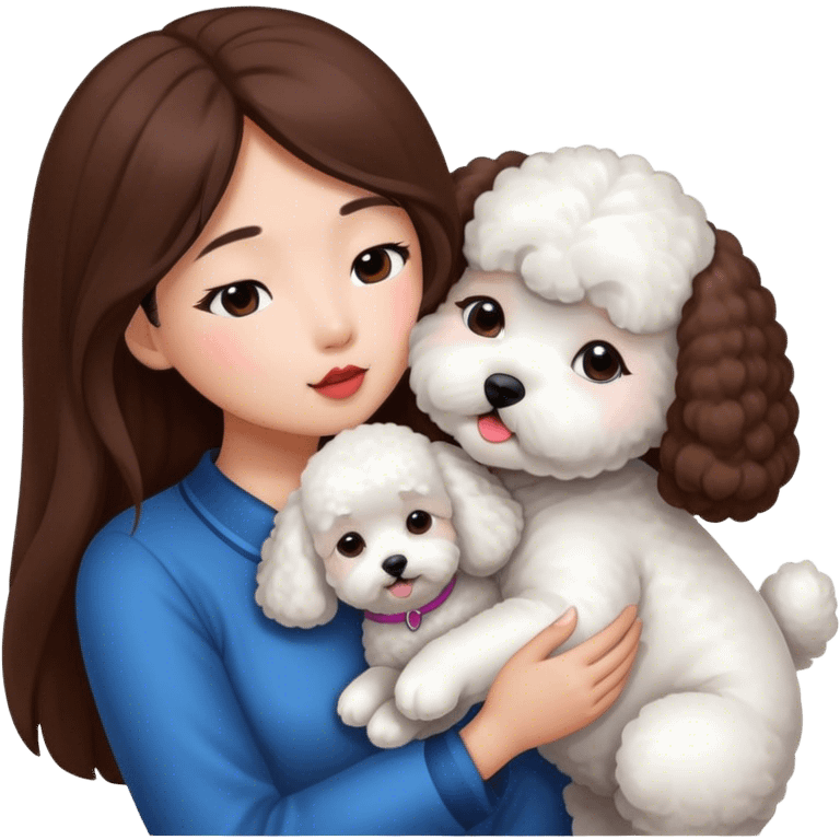 Asian girl with long brown hair kissing a bichon emoji