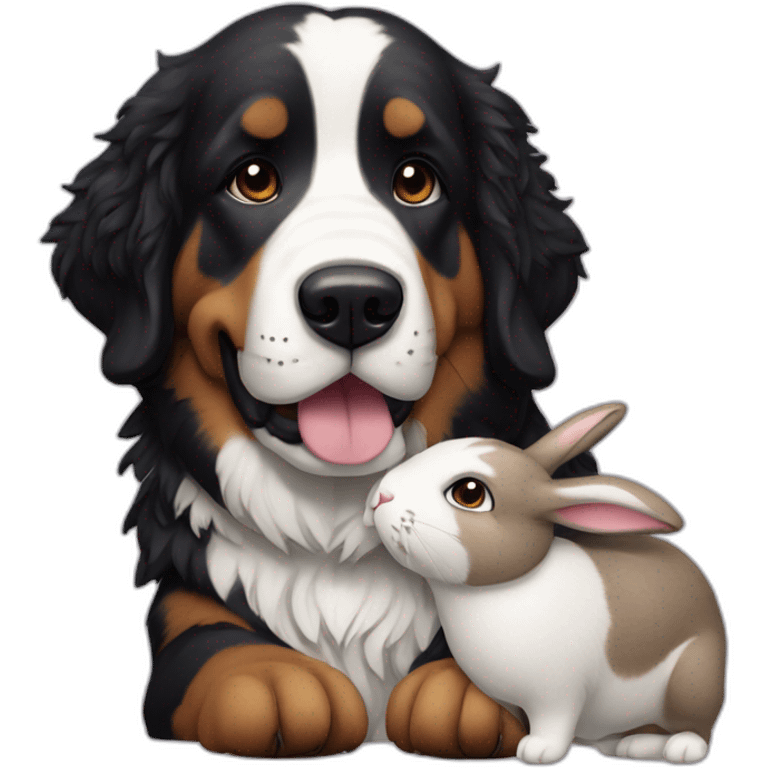 Berner sennen dog with a rabbit  plushie in his mouth emoji