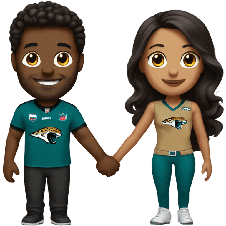 Brown guy and brown girl withJacksonville jaguars  clothes holding hands emoji