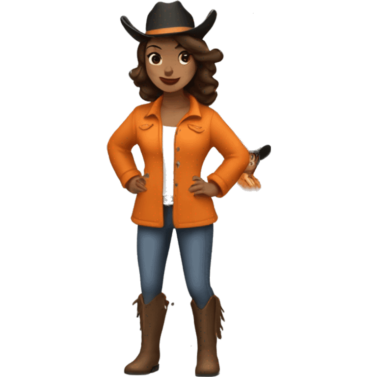 jumping brunette cow girl with tan skin, orange burnt coat, black hat emoji