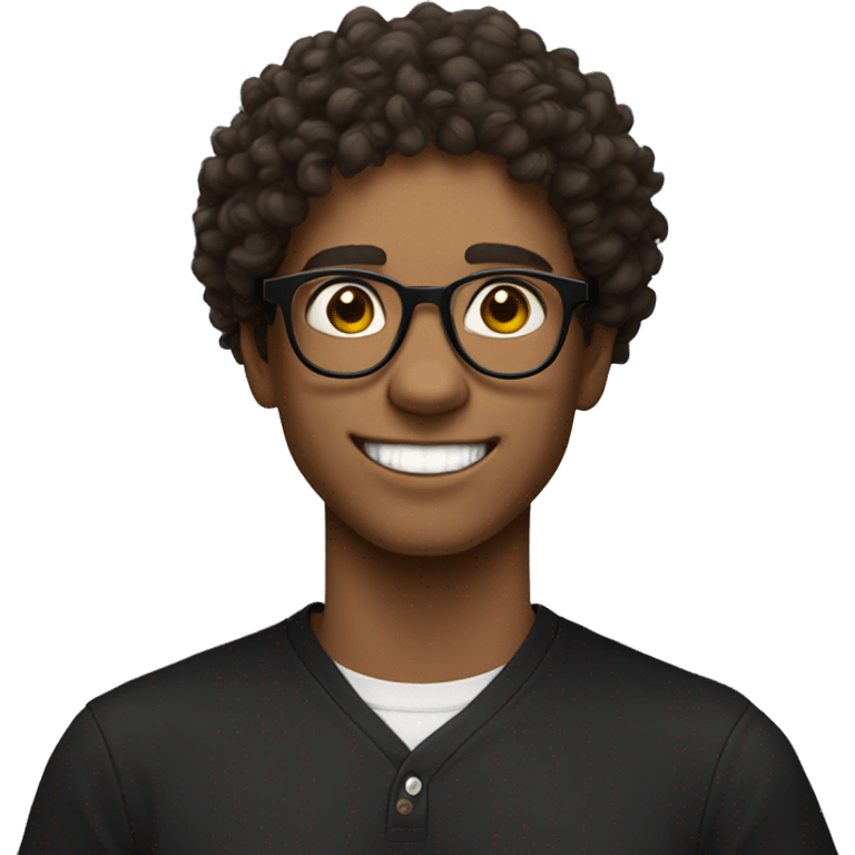 college student, fair skin, round glasses, big smile, curly hair, hinky eyes, black shirt emoji