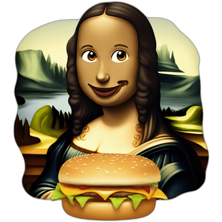 The Mona Lisa eating a burger emoji