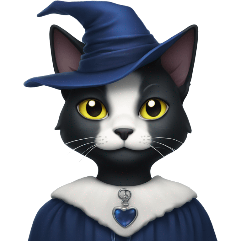 black cat with a white soul path wearing a dark blue witches ha emoji